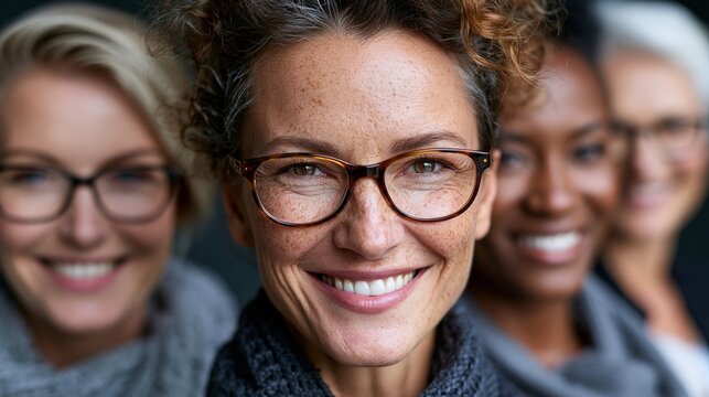 Vier l&auml;chelnde Frauen unterschiedlichen Alters und verschiedener Herkunft posieren gemeinsam f&uuml;r ein Gruppenportrait.