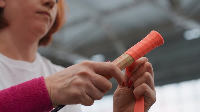 Closeup hands demonstrating badminton regrip technique white woman showing stepwise tape application in indoor venue, coach voiceover style, focus on fingertip dexterity and handle alignment