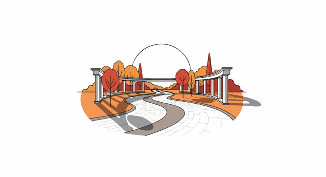 Stylized curved pathway with trees and an overhead structure