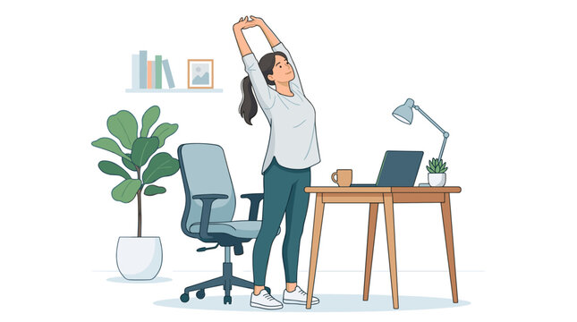 A woman stretches her arms overhead while standing in a home office, with a desk, laptop, office chair, and a plant visible, illustrating a work break for stretching and physical relief.