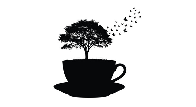 A tree growing inside a teacup a surreal and symbolic illustration
