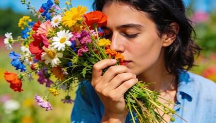 Naklejka premium Smelling woman wearing light-blue shirt holding bouquet in sunlit meadow, daisies poppies