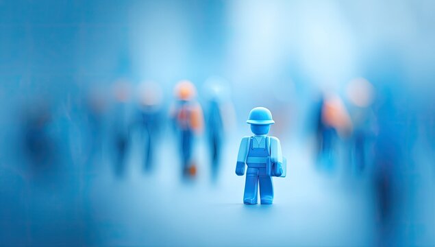 Single Blue Toy Worker Stands Out Among Blurred Crowd.
