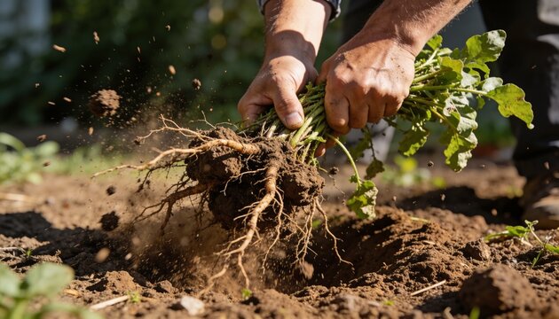 Grasping hands pulling cluster of root veg from garden bed, dirt falling, rolled sleeves and boot