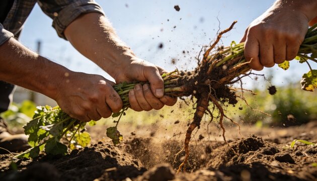 Pulling two adults harvesting uprooted root from sunlit field, with bare hands, rolled-up sleeve