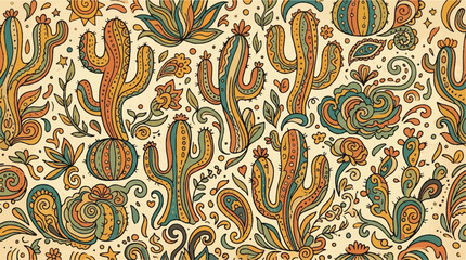 Decorative hand drawn cacti and floral elements seamless pattern design © Java studio