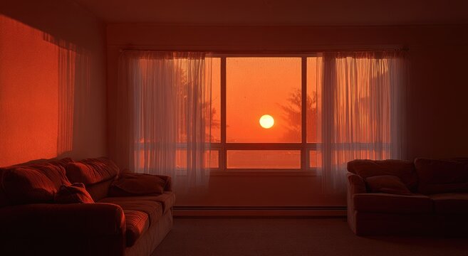 Warm sunset paints a serene living room with glowing light and silhouetted trees
