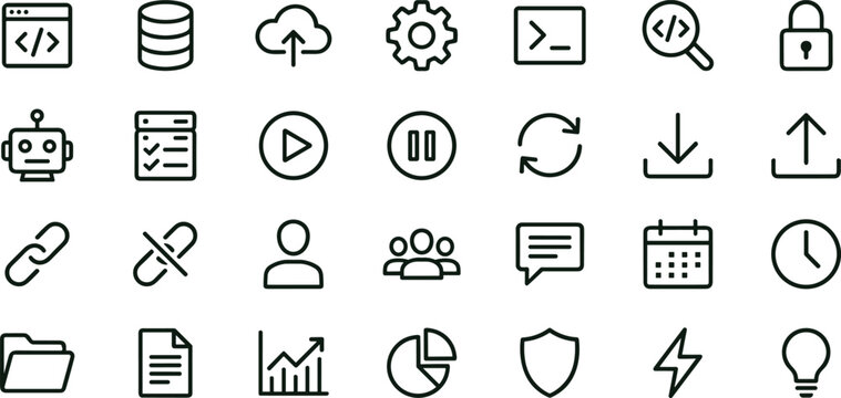 Modern software interface line icons collection for dashboards web applications productivity systems and digital workflow management