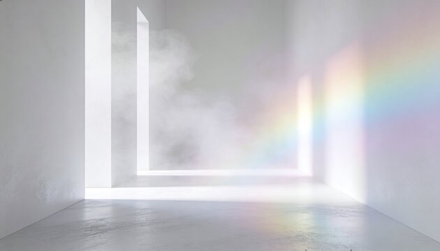 Projecting rainbow casting pastel glow on right wall in gallery with mist and openings, copy space