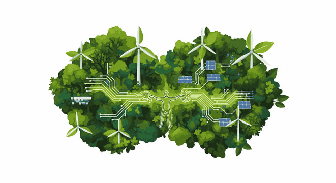 Nature integrated with technology a human figure at the center, surrounded by lush greenery, wind turbines, and solar panels