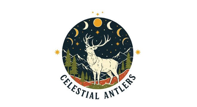 Deer emblem with celestial elements and landscape design