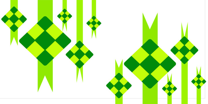 Vector illustration of traditional ketupat decorations hanging on green ribbons. Minimalist design for Islamic modern desain benner poster vector illustration eps10