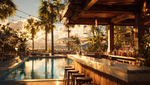 Tropical poolside bar with lounge chairs, pool, and distant ocean view