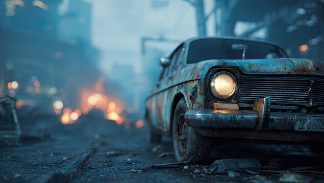 Abandoned, rusted vintage car sits on debris-strewn street, city ruins ablaze