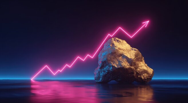 Illuminated golden nugget beside a glowing pink arrow graph indicating growth