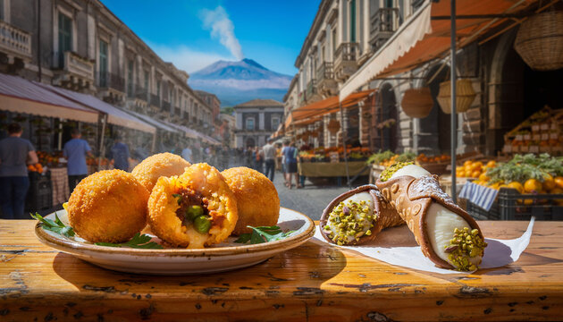 Delicious fried arancini and cannoli pastry with a scenic street background