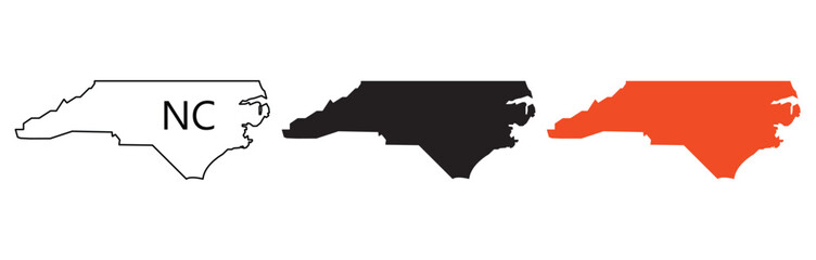 North Carolina state map silhouette and outline set. NC country border in black and orange for USA geography and travel concept, flat vector isolated.  © Articurve