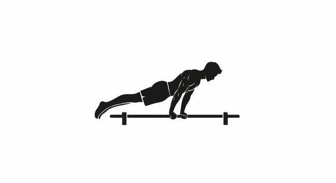 Silhouette of a muscular man doing a handstand on parallel bars, emphasizing core strength