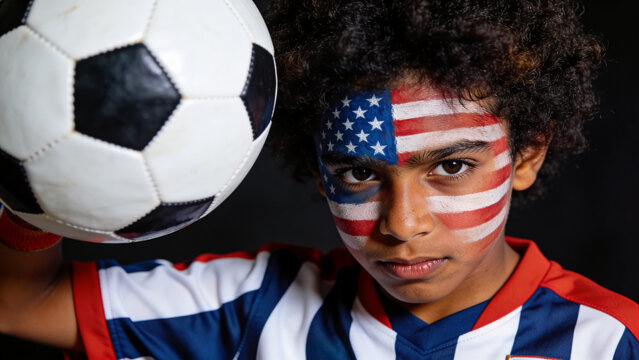 Holding ball, player wearing red-white-blue jersey posing in studio, showing USA-flag face paint