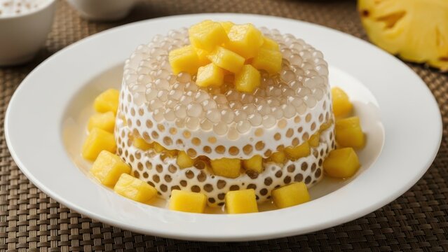 Layered mango and tapioca pearl dessert cake with fresh fruit chunks