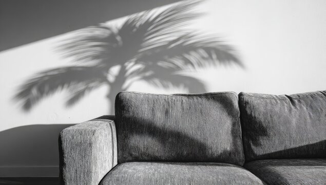 Textured sofa against white wall with dramatic palm tree shadow