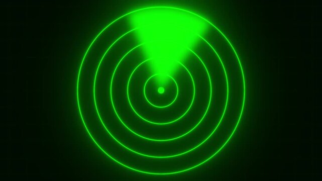 Radar Screen Technology: A close-up of a radar screen shows concentric circles and a sweeping green radar beam, suggesting surveillance, detection, and navigation in a technological setting.