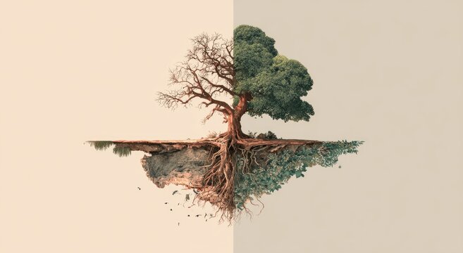 A split-screen tree shows life and death one side green, one barren