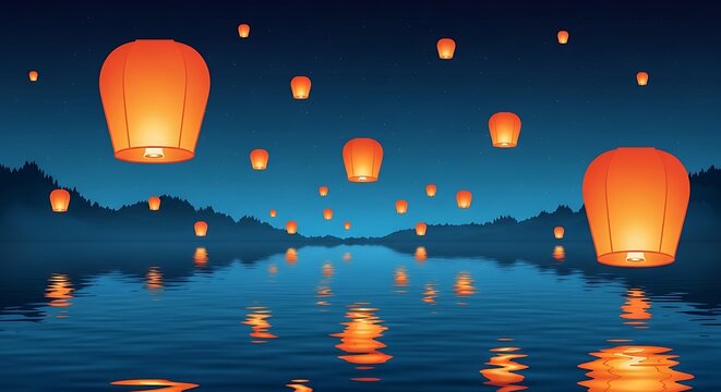 Floating glowing sky lanterns over calm water at night with reflections