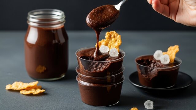 Rich chocolate pudding in small cups with cornflakes and sugar crystals
