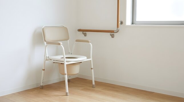 Medical commode chair with padded seat and removable bucket in minimalist room