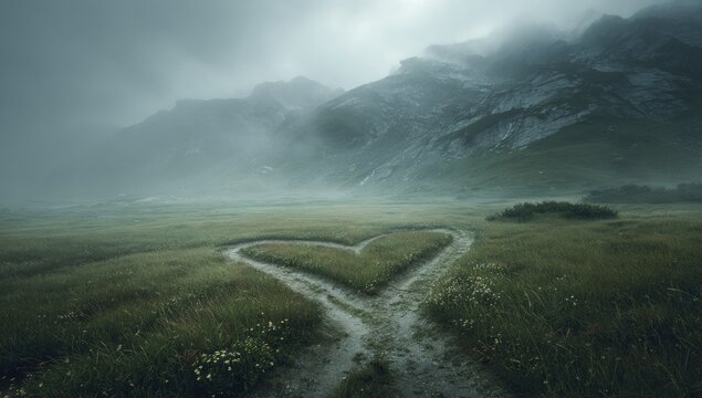 Foggy mountain landscape with a heart-shaped path dividing