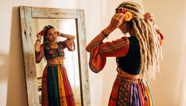 Tucking flowers into locs woman wearing boho top checking reflection at home, wooden mirror