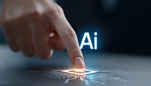 A finger touches a glowing microchip as the word "Ai" illuminates