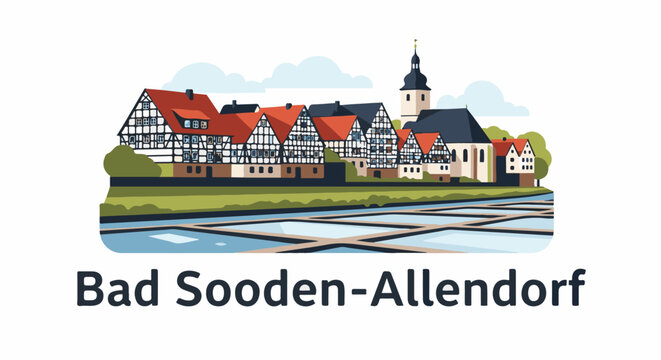 Historic half-timbered buildings with a church spire stand before salt pans under a cloudy sky