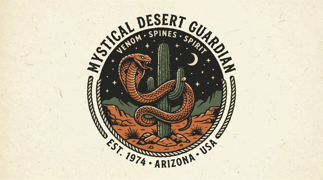 Desert cobra and cactus emblem with stars and moon