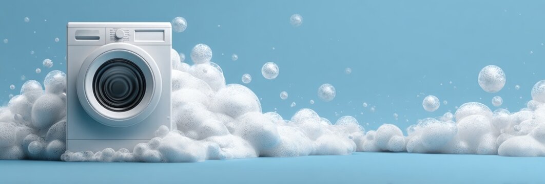 White washing machine amidst voluminous white foam and floating bubbles
