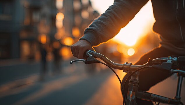 A cyclist's hand grips the handlebar as the sun sets over a city street
