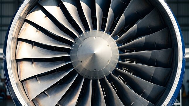 Aircraft turbine engine close up silver blades and central hub detail