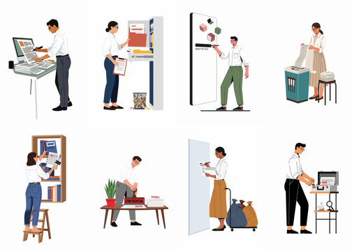 Collection of office workers handling sensitive documents, shredding papers, stamping confidential files, and organizing archives in a flat vector illustration style.