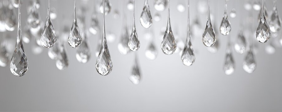 Clear, faceted crystal droplets hanging from above, catching light
