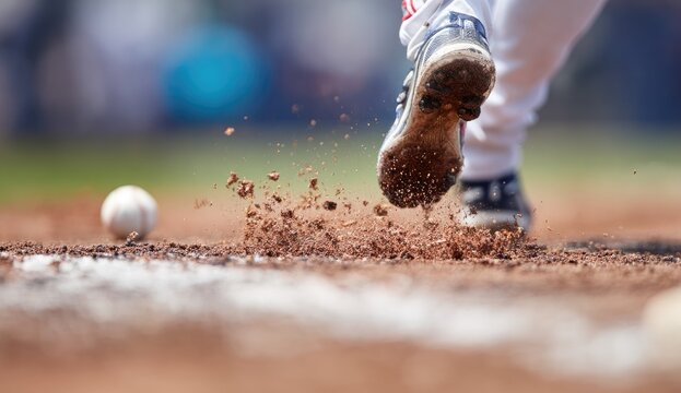 Low angle, player's cleats kicking dirt, baseball near base