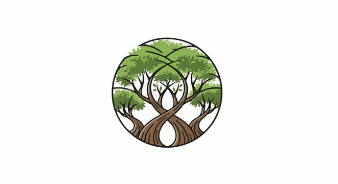 Stylized trees intertwined within a circle, forming an organic, symmetrical design