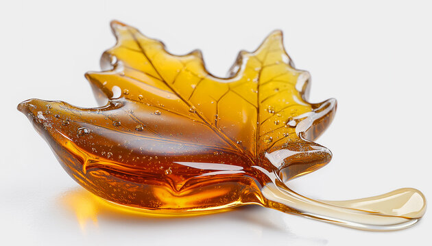 Maple syrup drop in the shape of a maple leaf sits on a white surface during autumn season