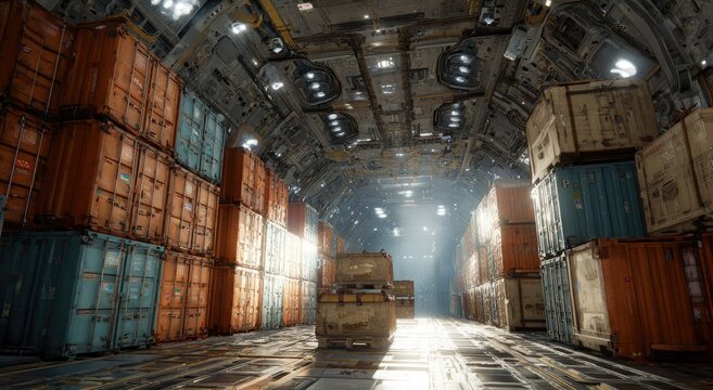 Cargo plane interior filled with stacked shipping containers, bathed in light