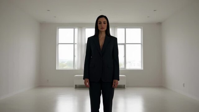 Confident woman standing still in a minimalist suit. Embracing a focused and uncluttered professional journey.