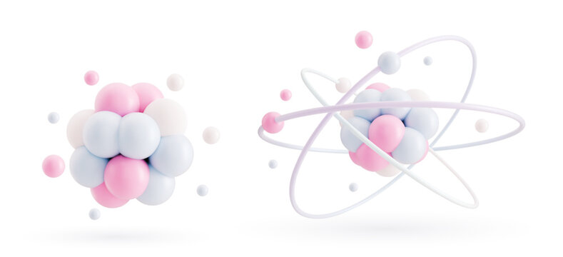 Atom close up. Elementary particles in atom. Physics concept. 3D vector illustration.