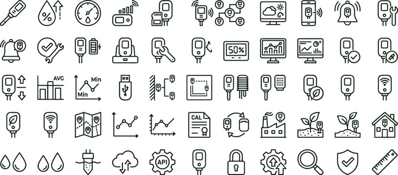Smart environmental monitoring line icons collection for sensor analytics automation systems and sustainable technology applications