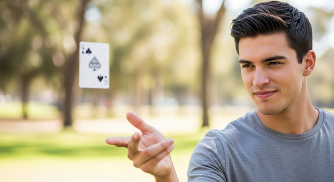 Young man throwing playing card in the air outdoors for advertising social media banner website marketing and commercial editorial use