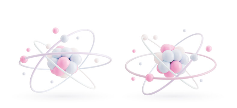 Atom close up. Elementary particles in atom. Physics concept. 3D vector illustration.