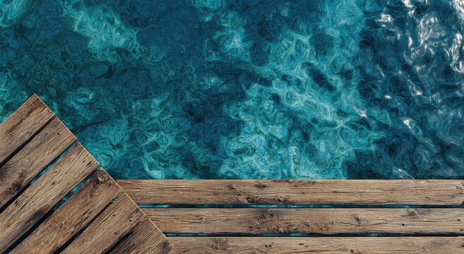 Wooden Dock Overlooking Crystal Clear Turquoise Ocean Water.